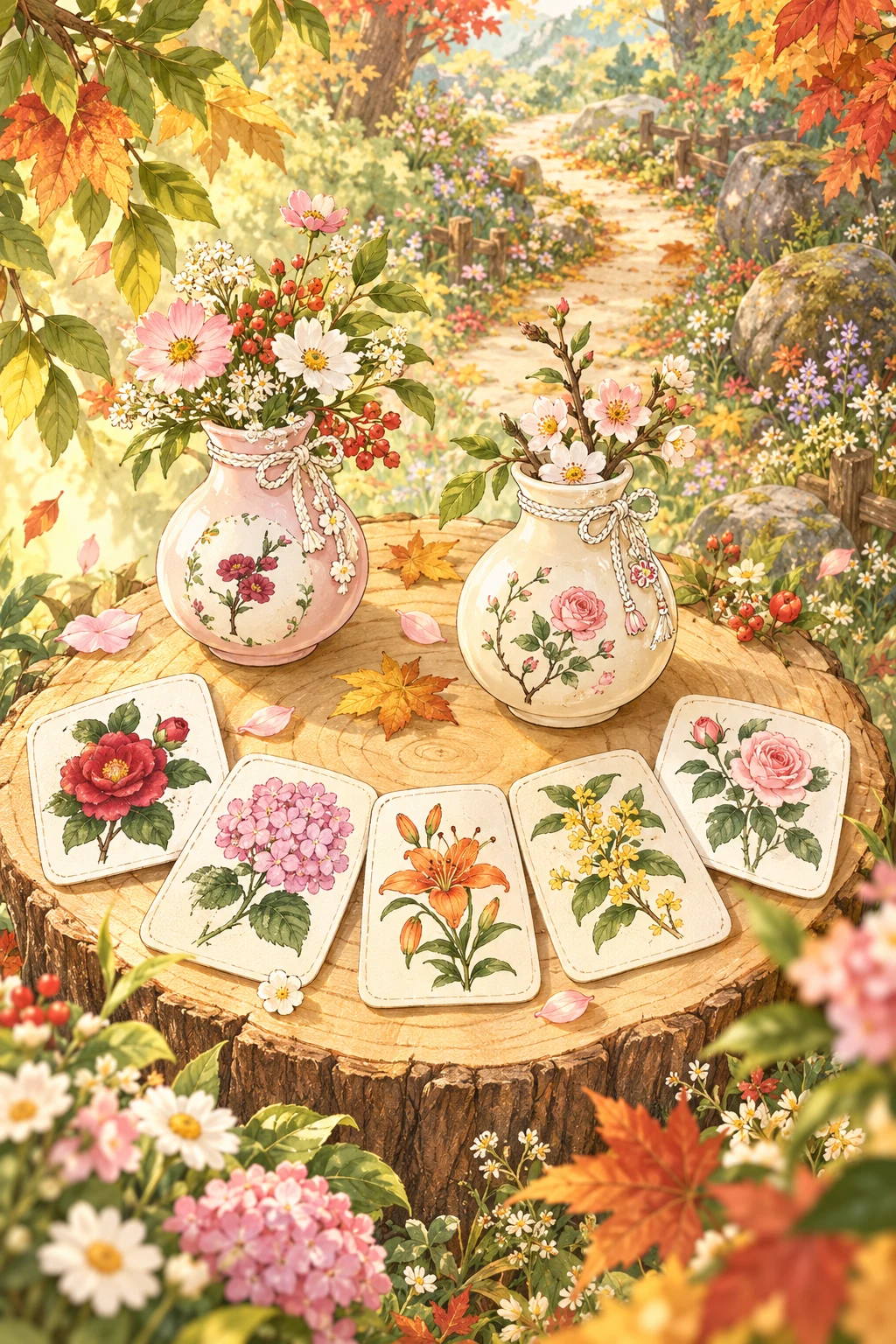 花之森林宣传插画：林间花径、树桩上的花牌与水彩瓷瓶