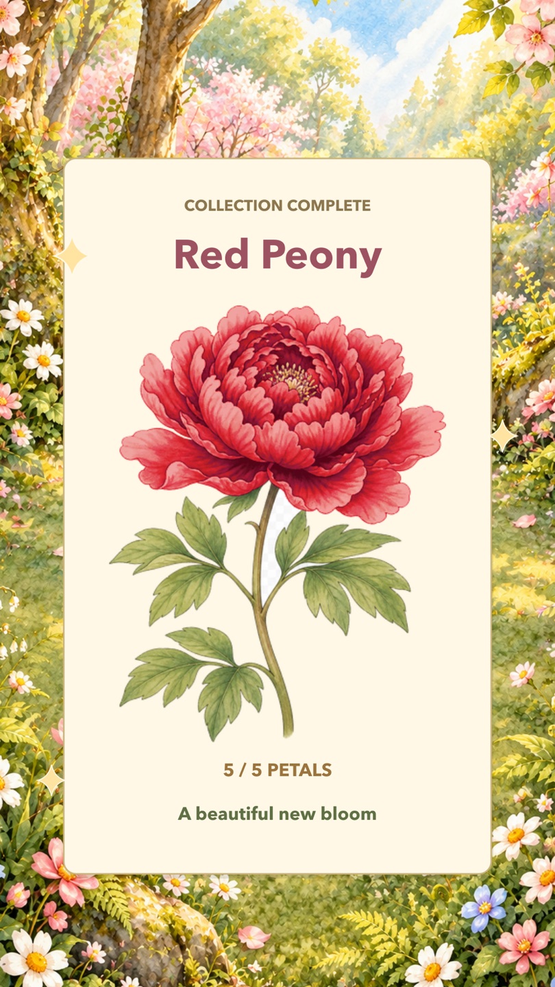 A complete red peony flower card shown in full bloom