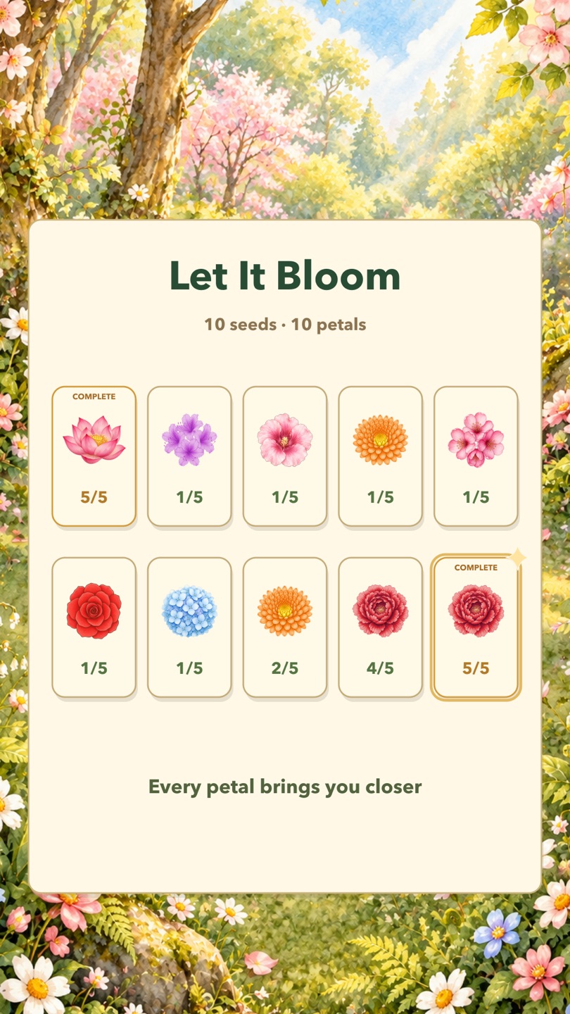 Petal Grove petal reveal: petals gathering toward a complete red peony flower card