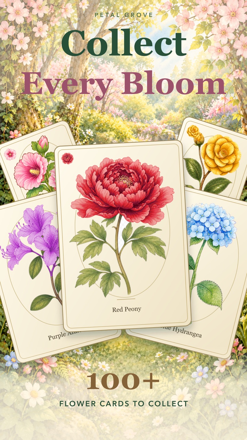 Petal Grove flower card collection: fanned hand-painted cards of peonies, camellias, and hydrangeas