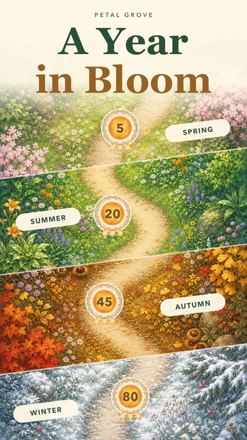 Petal Grove seasonal chapters artwork across spring, summer, autumn, and winter