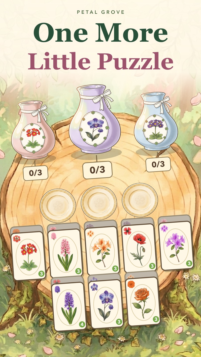 Petal Grove puzzle board with layered flower cards waiting to be sorted
