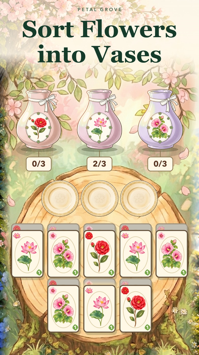 Petal Grove gameplay: sorting hand-drawn flower cards into matching porcelain vases