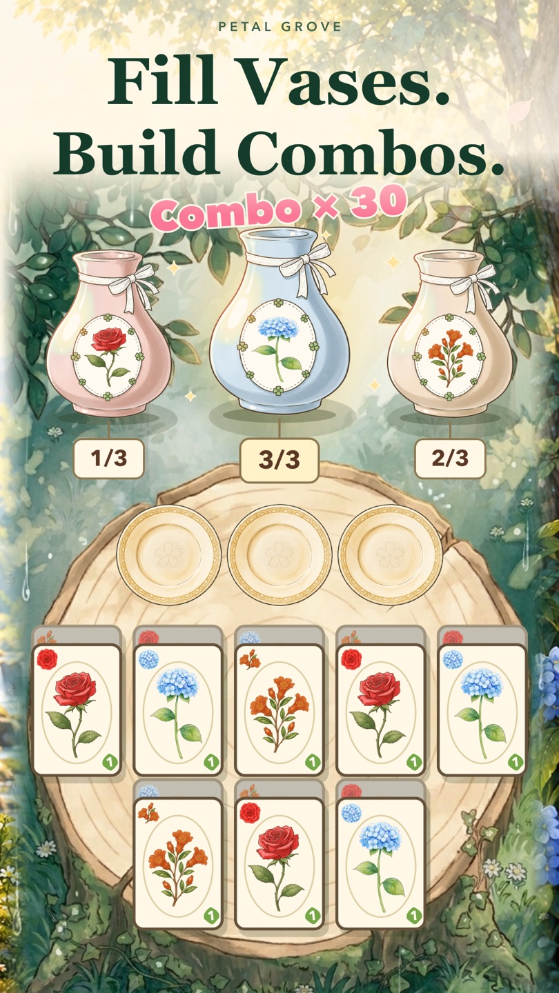 Petal Grove combo: filling vases in sequence to build a chain