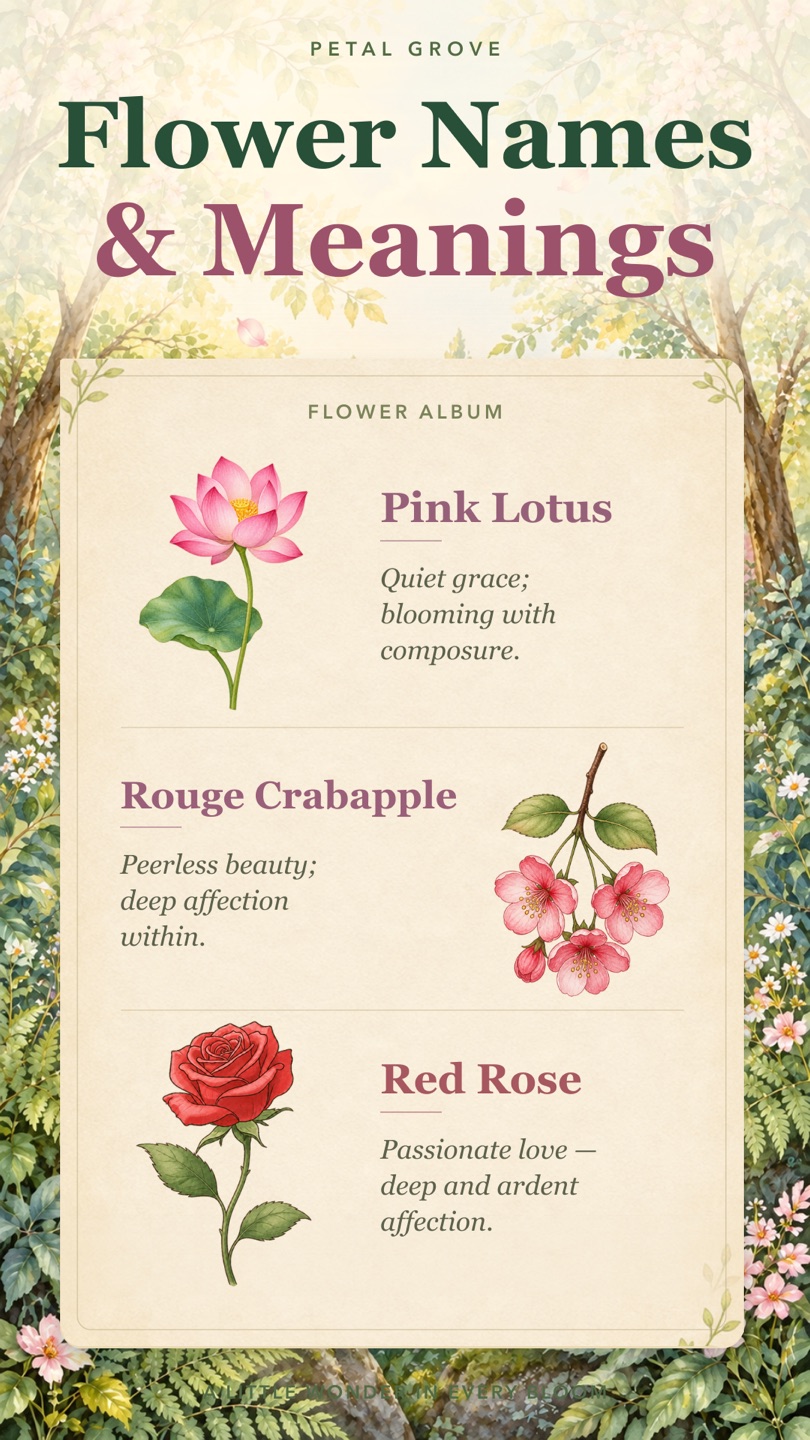 Petal Grove flower encyclopedia page showing flower names, seasons, and meanings