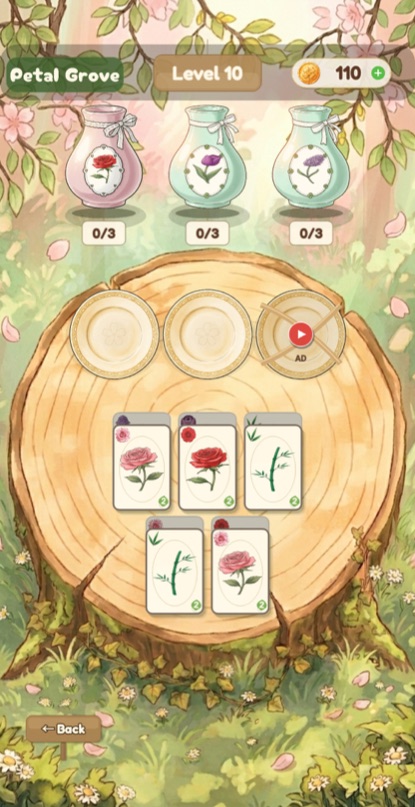 Petal Grove spring gameplay screenshot showing flower cards and porcelain vases