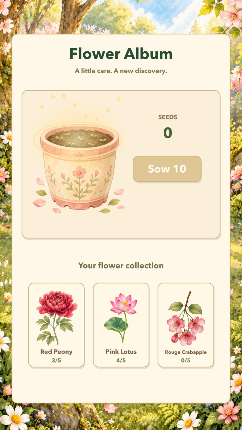 Petal Grove album garden: planting a seed in a flower pot with a soft golden glow