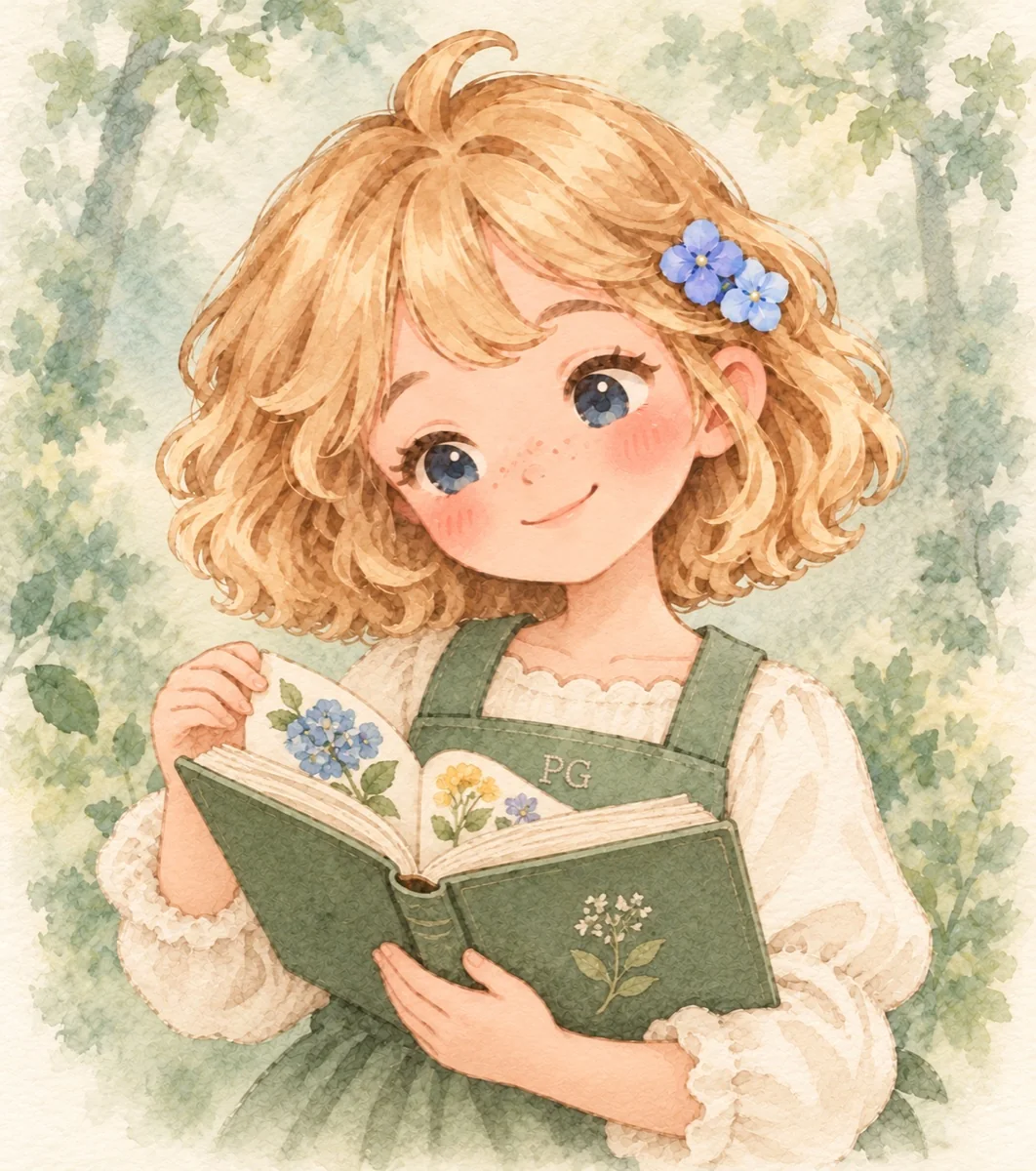 Sophia, a little girl with golden curls and a blue hydrangea hair accessory, looking through a green flower album
