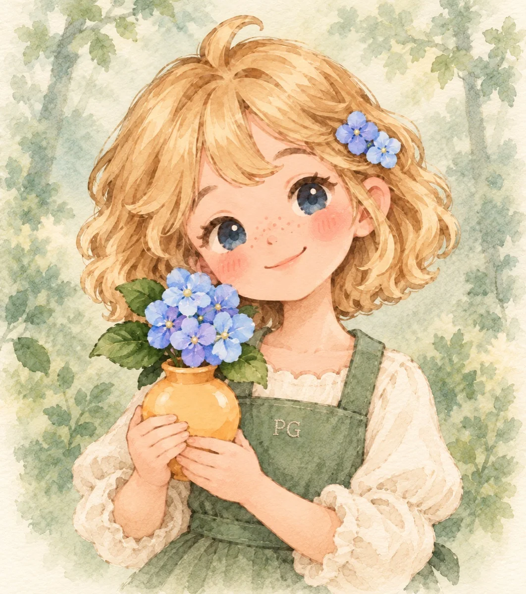 Sophia, a little girl with golden curls and a green PG apron, holding an apricot vase of blue hydrangeas