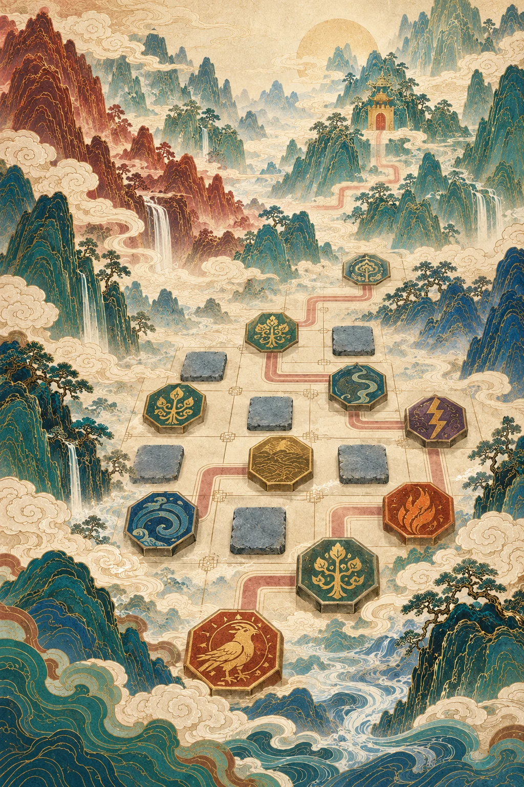 镇山海宣传插画：青绿山海之间，以八角灵石铺出蜿蜒阵路